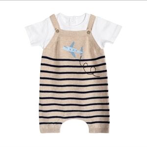 Striped Knit Romper with Airplane Appliqué - White, Tan, Navy